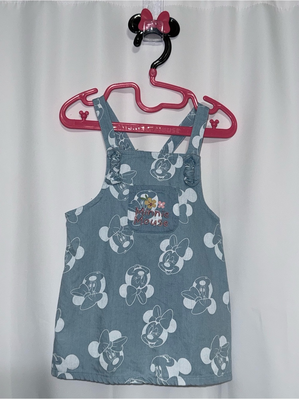 Disney Baby Minnie Mouse 12M Toddler Girlâs Print Denim Pinafore Dress w/Pocket